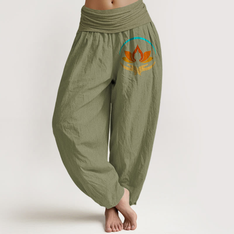 Nimara Ritual Lotus Buddha Symbol Pattern Elastic Waist Women's Harem Pure Cotton Pants