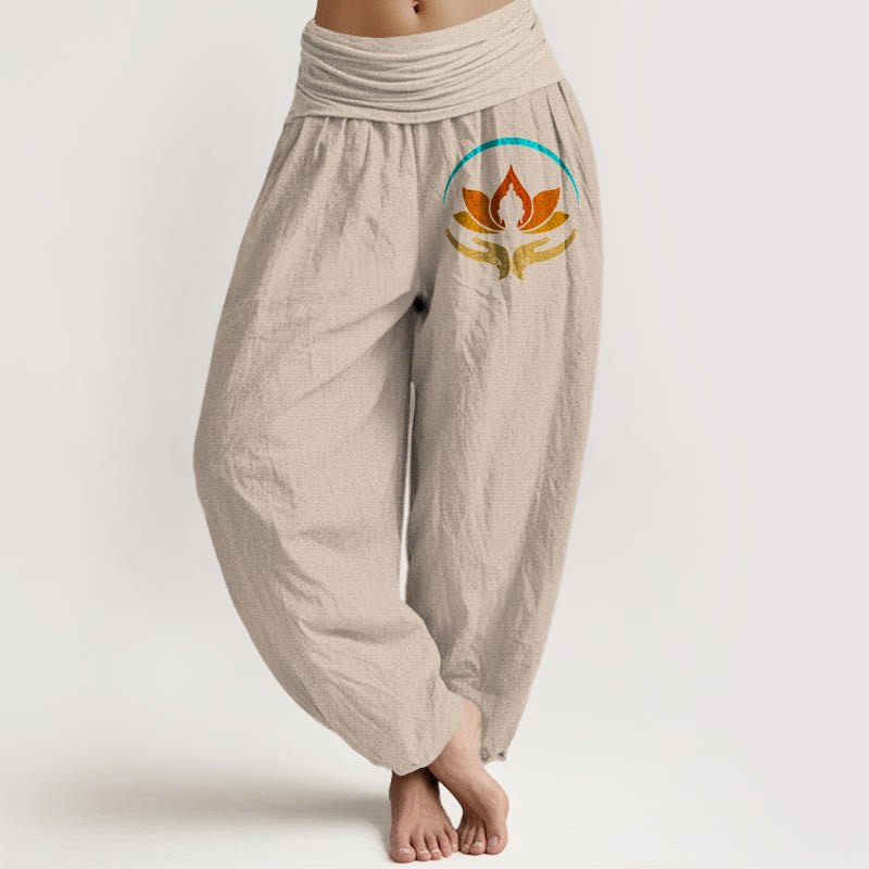 Nimara Ritual Lotus Buddha Symbol Pattern Elastic Waist Women's Harem Pure Cotton Pants