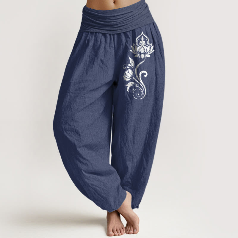 Nimara Ritual Sitting Buddha Lotus Floral Pattern Elastic Waist Women's Harem Pure Cotton Pants