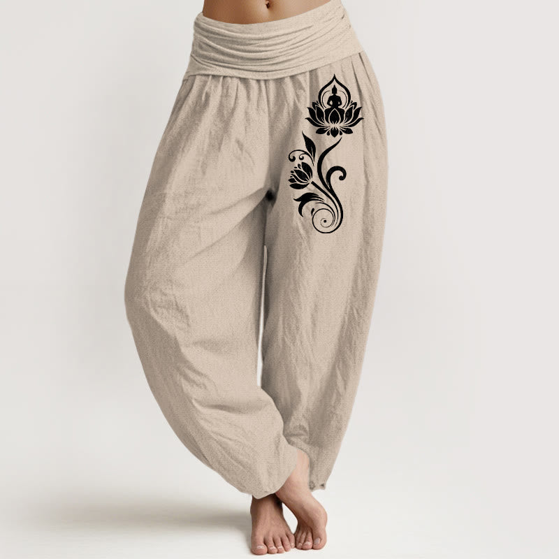 Nimara Ritual Sitting Buddha Lotus Floral Pattern Elastic Waist Women's Harem Pure Cotton Pants