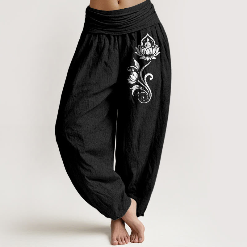 Nimara Ritual Sitting Buddha Lotus Floral Pattern Elastic Waist Women's Harem Pure Cotton Pants