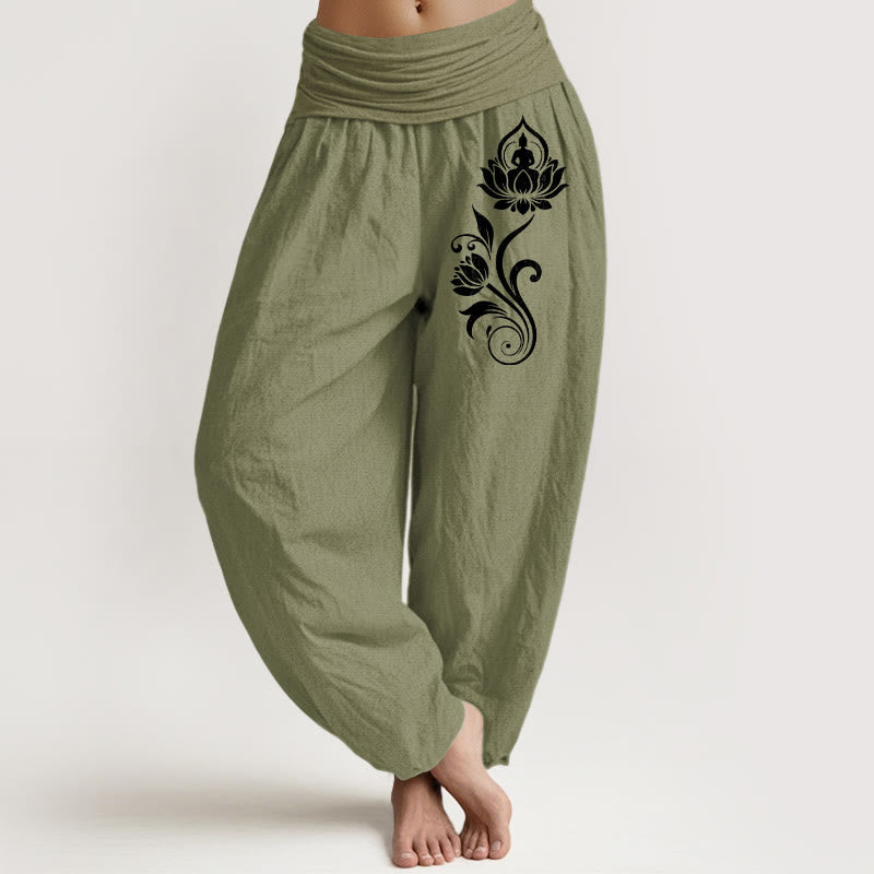 Nimara Ritual Sitting Buddha Lotus Floral Pattern Elastic Waist Women's Harem Pure Cotton Pants