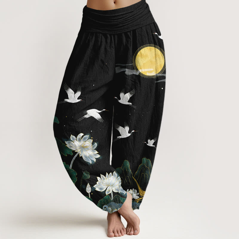 Nimara Ritual Pure Cotton Crane Blooming Lotus Moon Mountain Women's Elastic Waist Harem Pants