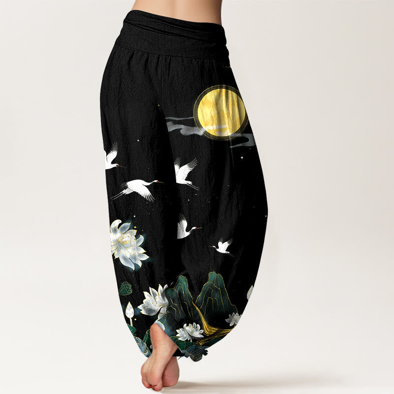 Nimara Ritual Pure Cotton Crane Blooming Lotus Moon Mountain Women's Elastic Waist Harem Pants