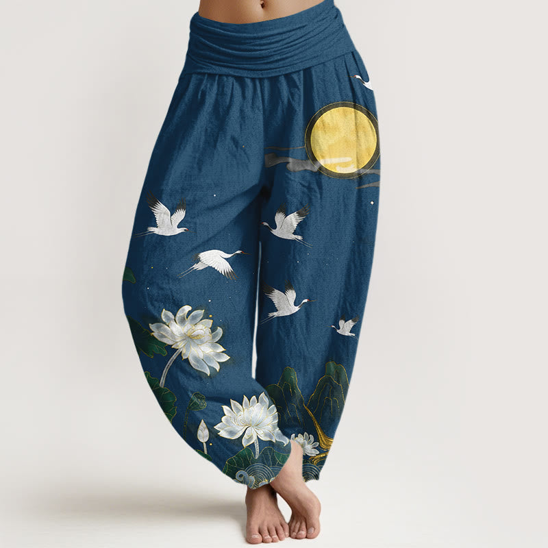 Nimara Ritual Pure Cotton Crane Blooming Lotus Moon Mountain Women's Elastic Waist Harem Pants