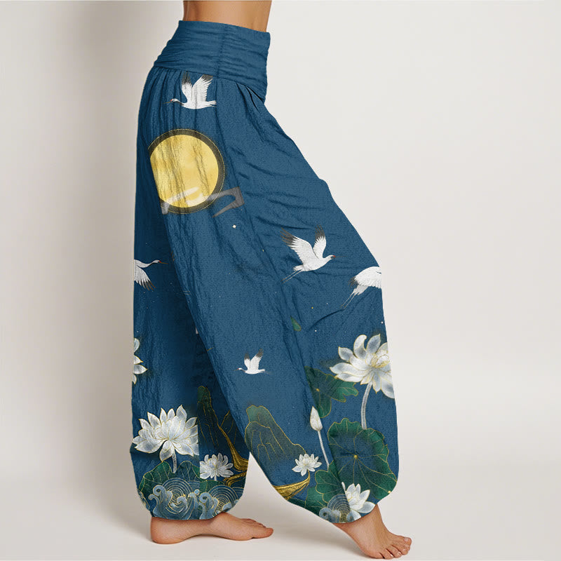 Nimara Ritual Pure Cotton Crane Blooming Lotus Moon Mountain Women's Elastic Waist Harem Pants