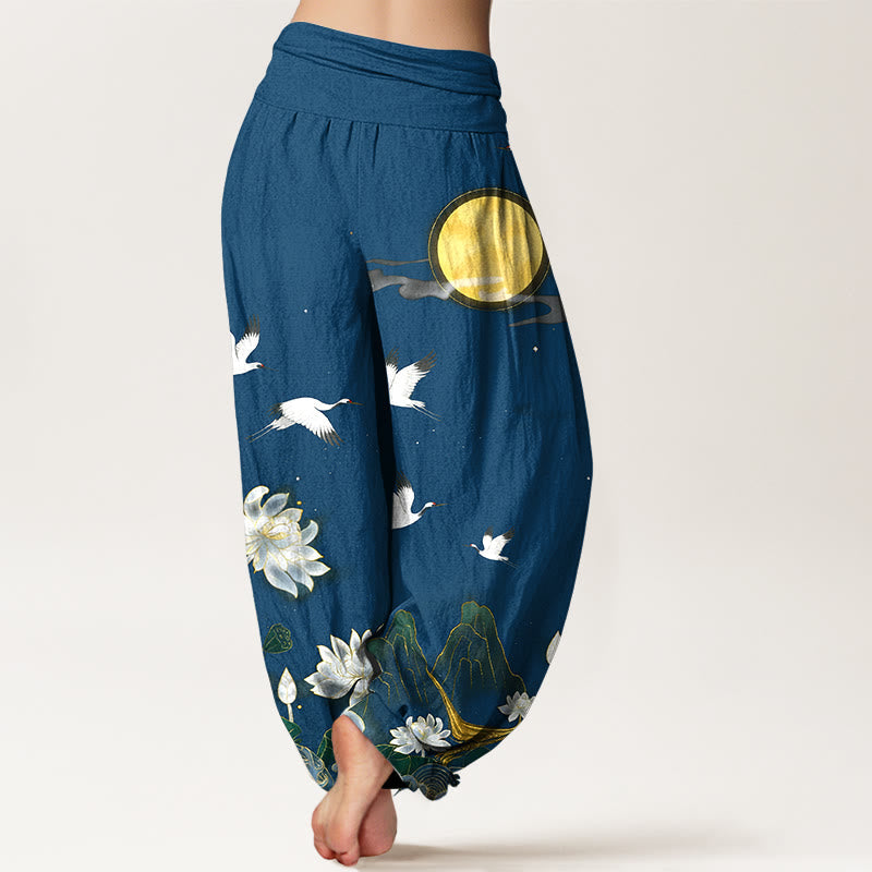 Nimara Ritual Pure Cotton Crane Blooming Lotus Moon Mountain Women's Elastic Waist Harem Pants