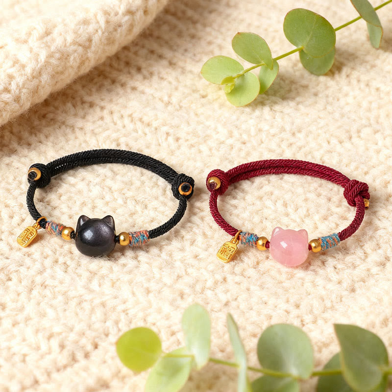 Nimara Ritual Cat Fu Character Silver Sheen Obsidian Pink Crystal String Protection Bracelet