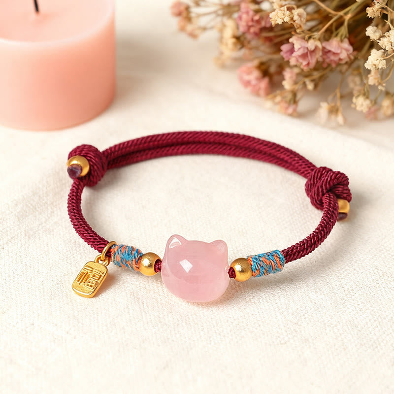 Nimara Ritual Cat Fu Character Silver Sheen Obsidian Pink Crystal String Protection Bracelet