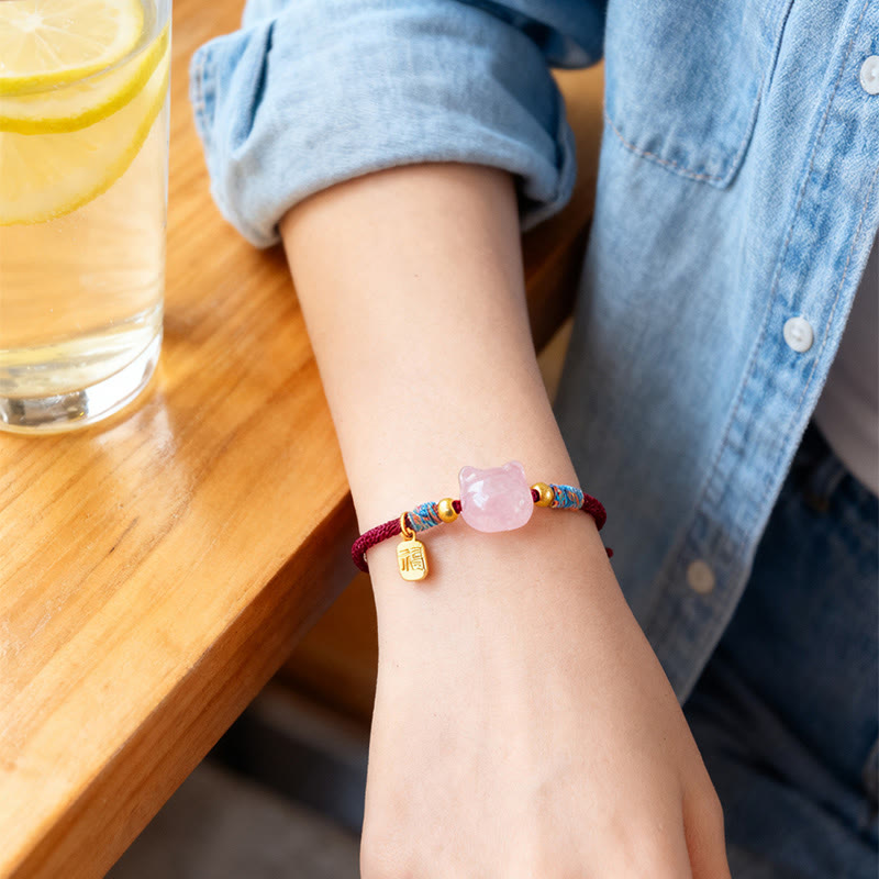Nimara Ritual Cat Fu Character Silver Sheen Obsidian Pink Crystal String Protection Bracelet