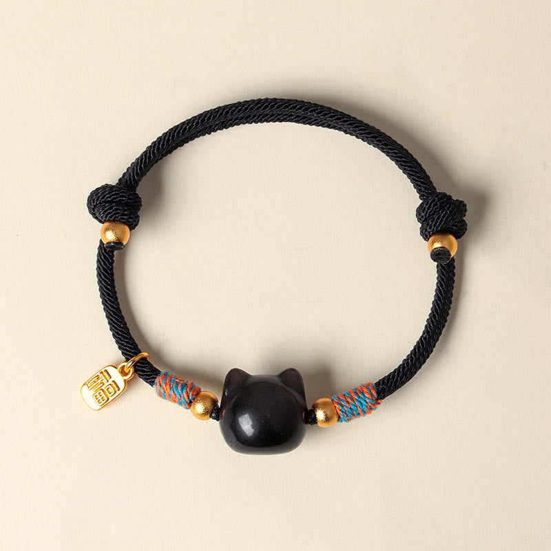 Nimara Ritual Cat Fu Character Silver Sheen Obsidian Pink Crystal String Protection Bracelet