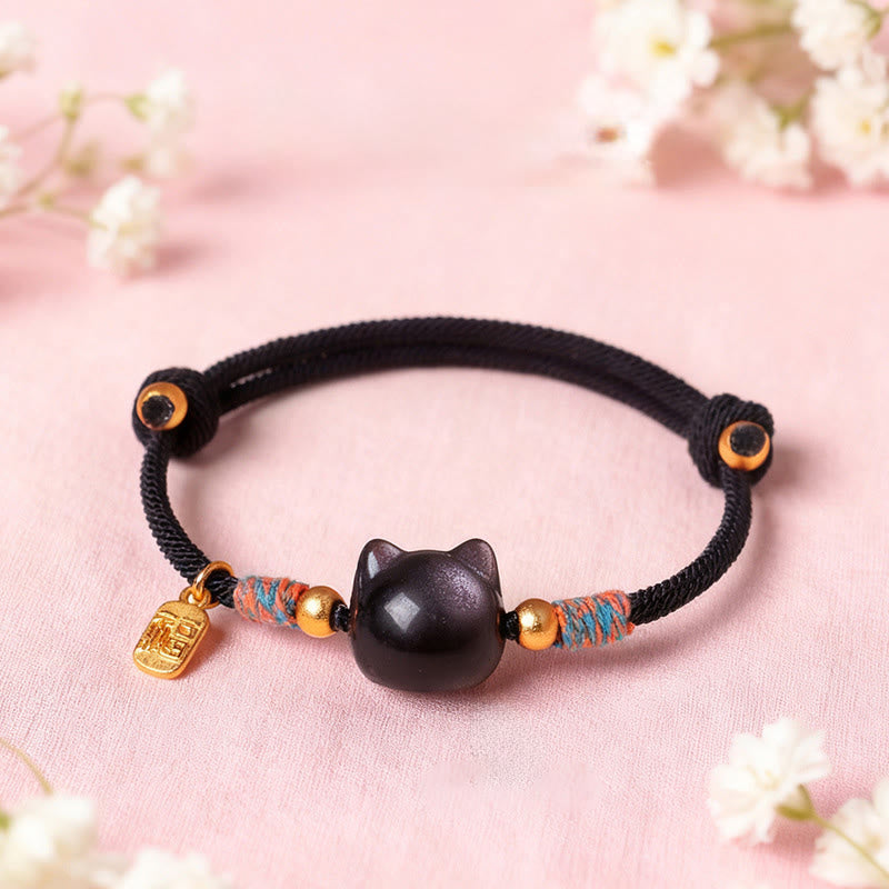 Nimara Ritual Cat Fu Character Silver Sheen Obsidian Pink Crystal String Protection Bracelet