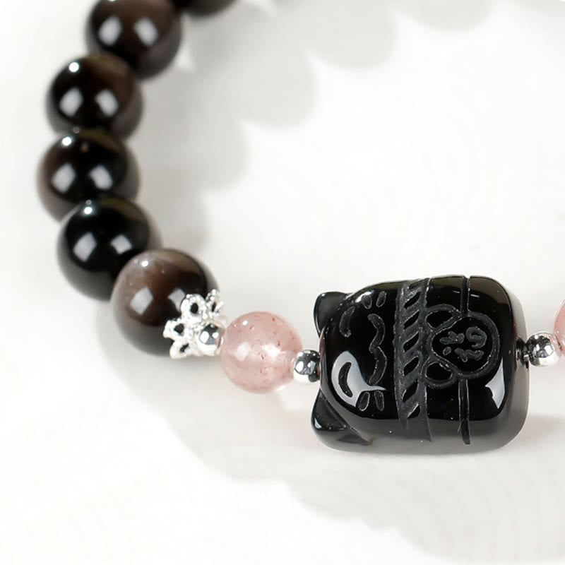 Nimara Ritual Cat Silver Sheen Obsidian Strawberry Quartz Protection Bracelet