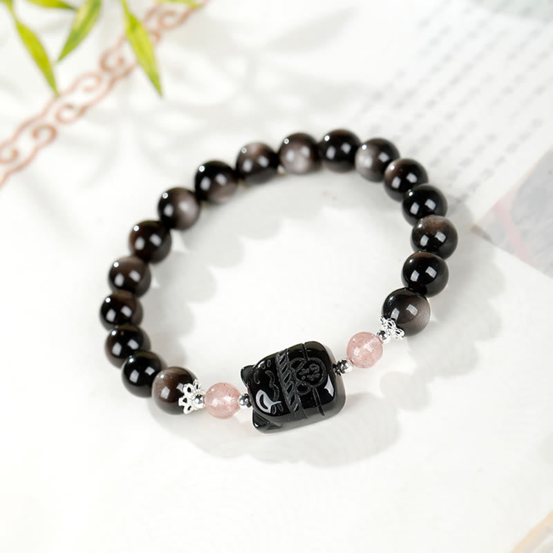 Nimara Ritual Cat Silver Sheen Obsidian Strawberry Quartz Protection Bracelet