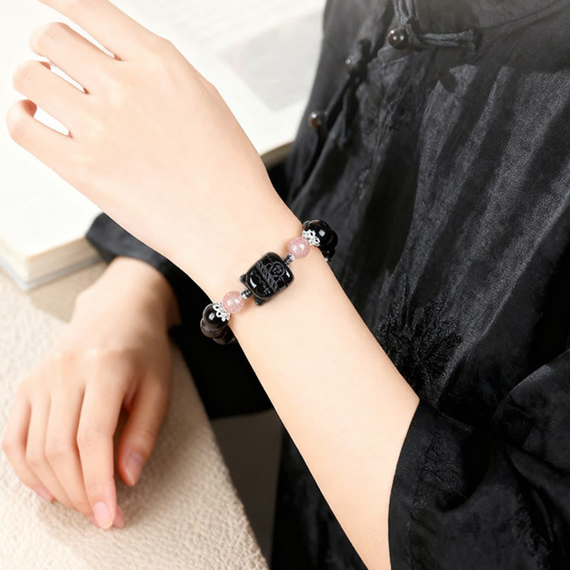 Nimara Ritual Cat Silver Sheen Obsidian Strawberry Quartz Protection Bracelet