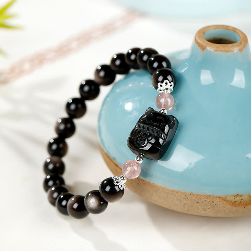 Nimara Ritual Cat Silver Sheen Obsidian Strawberry Quartz Protection Bracelet
