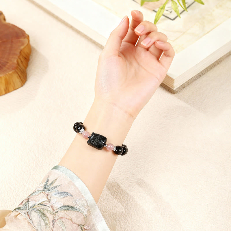 Nimara Ritual Cat Silver Sheen Obsidian Strawberry Quartz Protection Bracelet