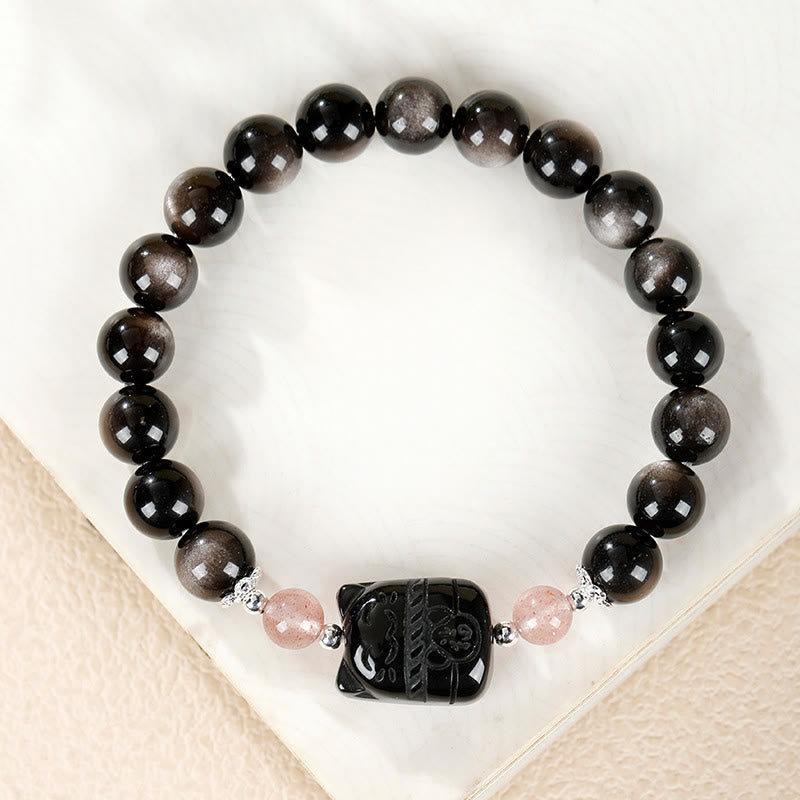 Nimara Ritual Cat Silver Sheen Obsidian Strawberry Quartz Protection Bracelet