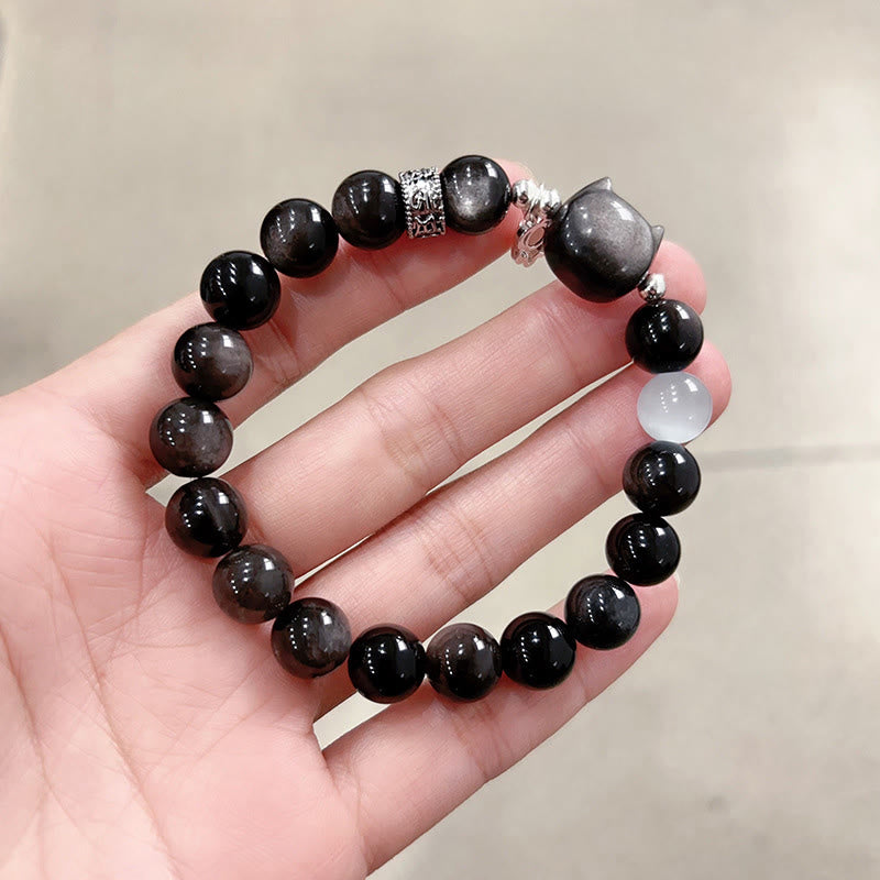 Nimara Ritual Cat Head White Cat's Eye Silver Sheen Obsidian Positive Bracelet