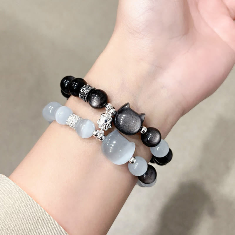 Nimara Ritual Cat Head White Cat's Eye Silver Sheen Obsidian Positive Bracelet
