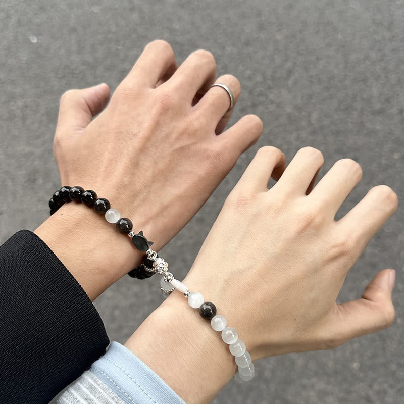 Nimara Ritual Cat Head White Cat's Eye Silver Sheen Obsidian Positive Bracelet