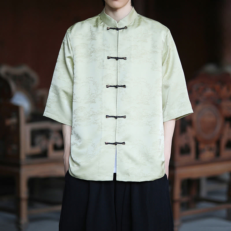 Nimara Ritual Summer Pine Tree Mountain Pattern Half Sleeve Frog-Button Design Men's Shirt