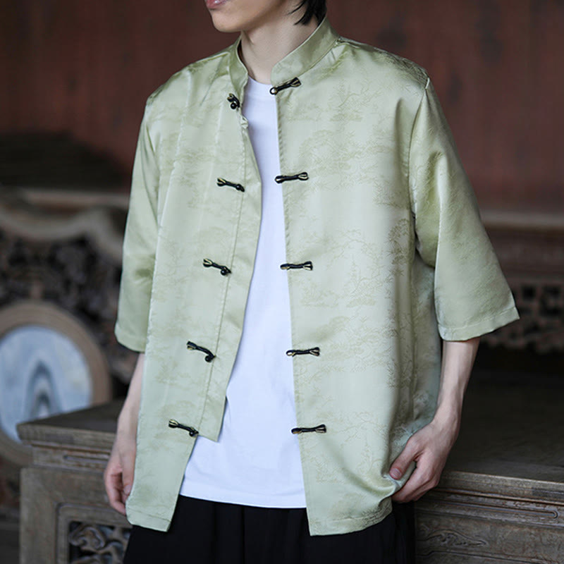 Nimara Ritual Summer Pine Tree Mountain Pattern Half Sleeve Frog-Button Design Men's Shirt
