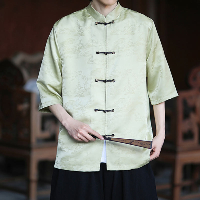 Nimara Ritual Summer Pine Tree Mountain Pattern Half Sleeve Frog-Button Design Men's Shirt