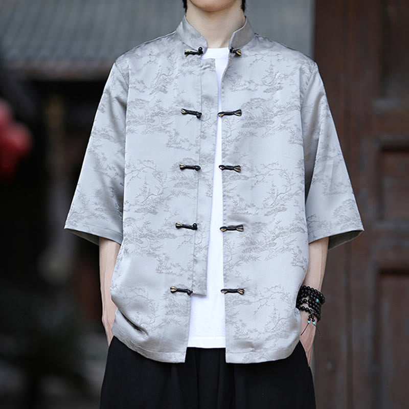 Nimara Ritual Summer Pine Tree Mountain Pattern Half Sleeve Frog-Button Design Men's Shirt