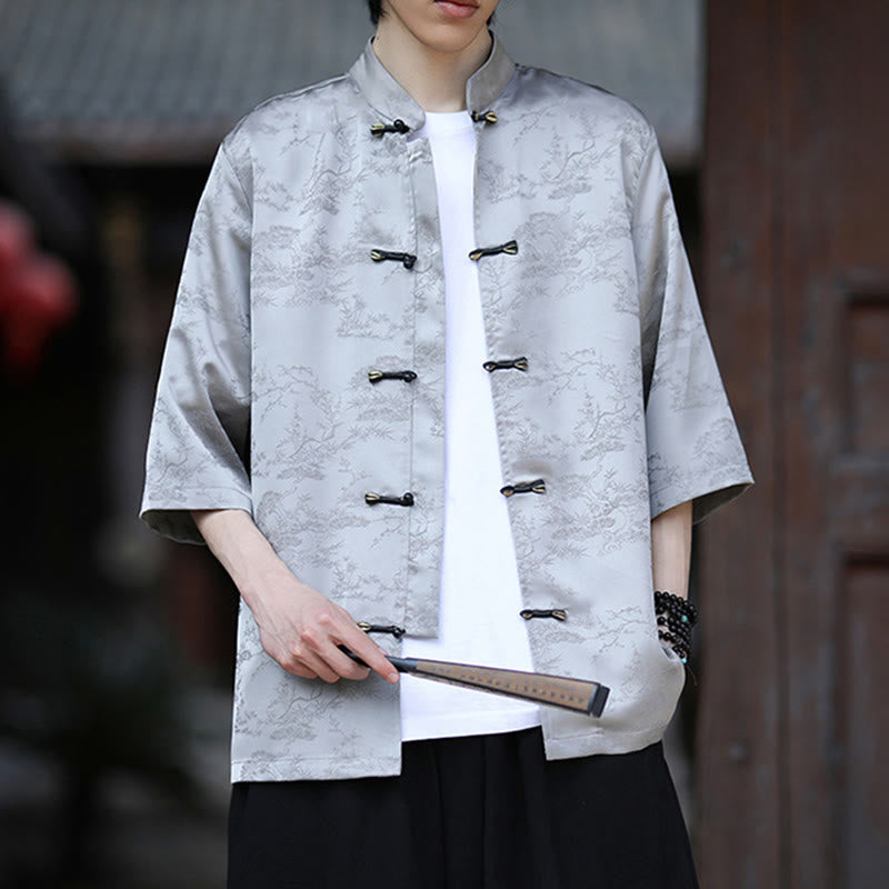 Nimara Ritual Summer Pine Tree Mountain Pattern Half Sleeve Frog-Button Design Men's Shirt