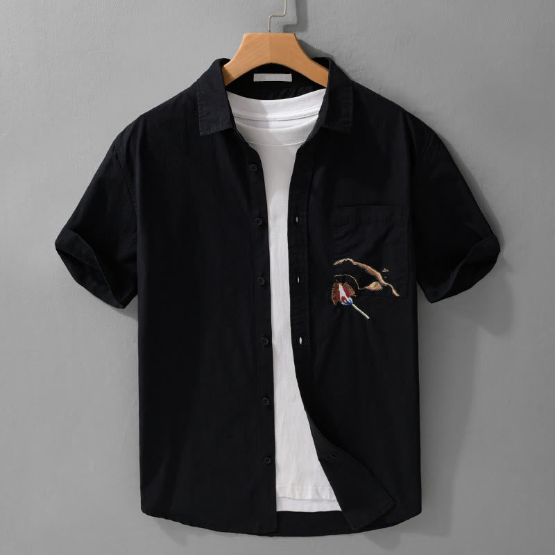 Nimara Ritual Summer Buttons Down Bird Embroidery Decorative Pocket Men's Short Sleeve Cotton Shirt
