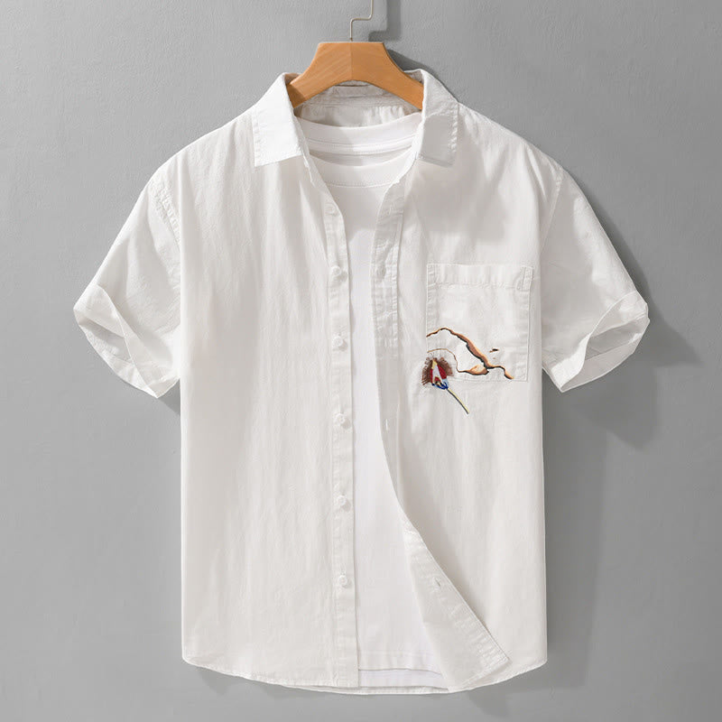 Nimara Ritual Summer Buttons Down Bird Embroidery Decorative Pocket Men's Short Sleeve Cotton Shirt