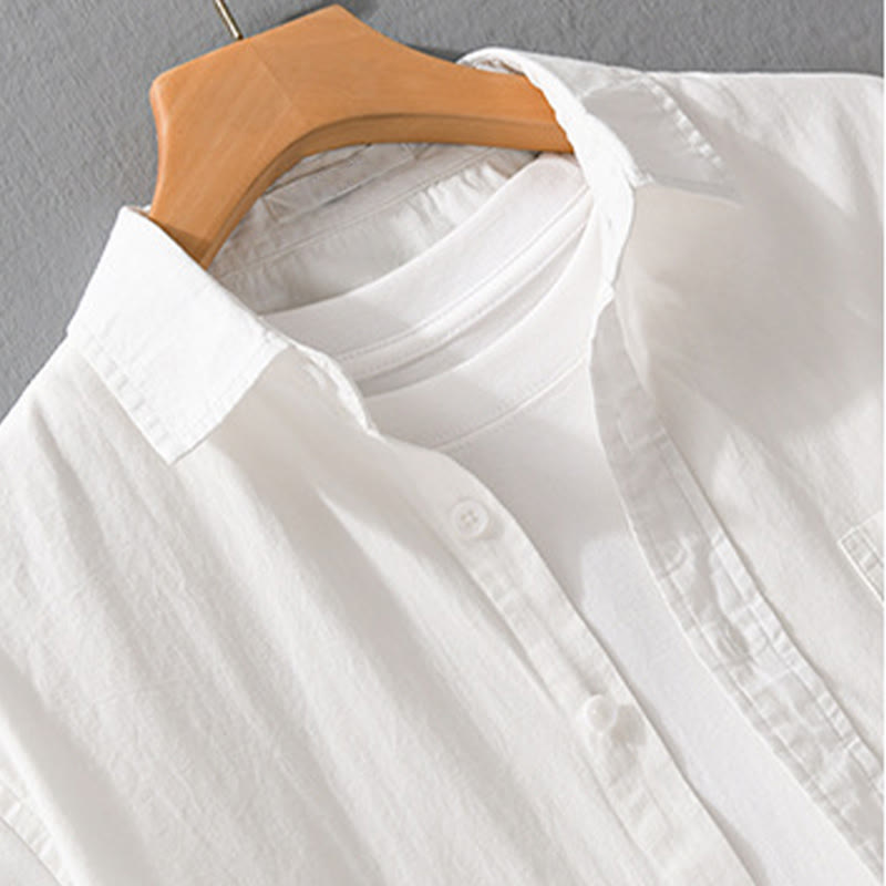Nimara Ritual Summer Buttons Down Bird Embroidery Decorative Pocket Men's Short Sleeve Cotton Shirt