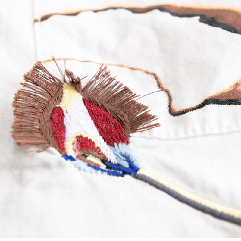 Nimara Ritual Summer Buttons Down Bird Embroidery Decorative Pocket Men's Short Sleeve Cotton Shirt