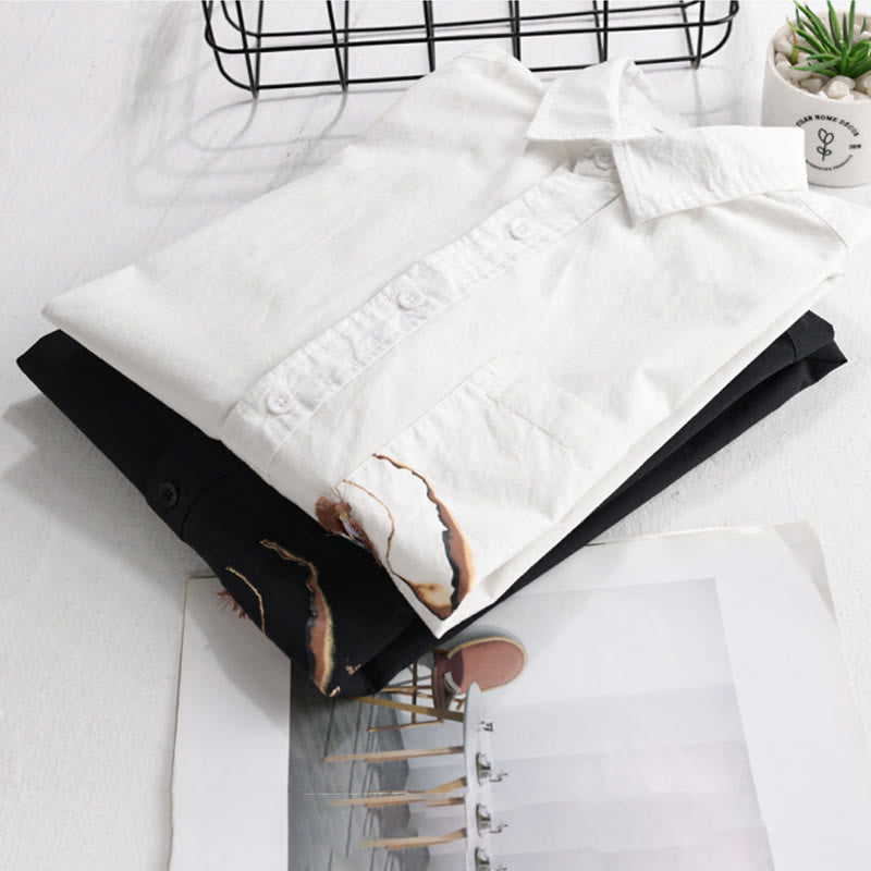 Nimara Ritual Summer Buttons Down Bird Embroidery Decorative Pocket Men's Short Sleeve Cotton Shirt