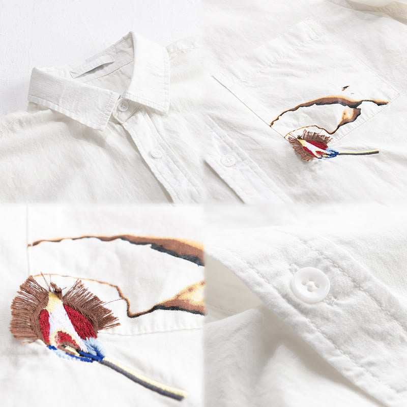 Nimara Ritual Summer Buttons Down Bird Embroidery Decorative Pocket Men's Short Sleeve Cotton Shirt
