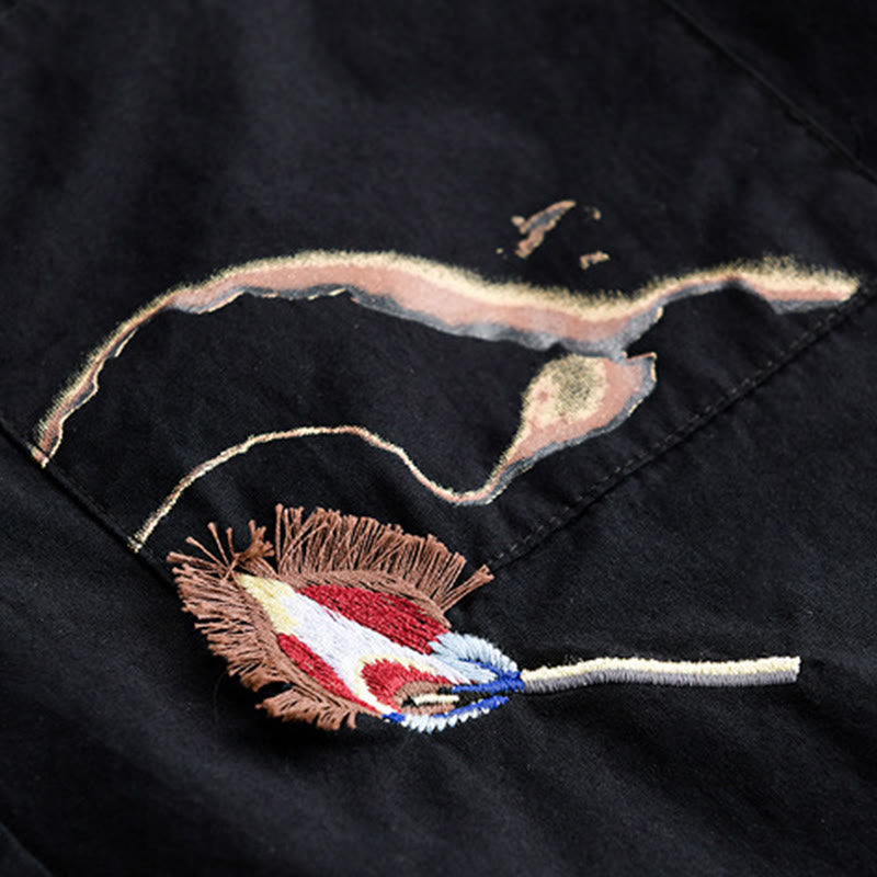 Nimara Ritual Summer Buttons Down Bird Embroidery Decorative Pocket Men's Short Sleeve Cotton Shirt