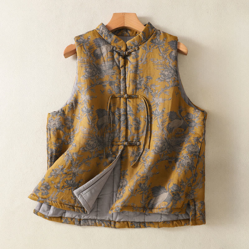 Nimara Ritual Crane Flowers Branches Frog-Button Pattern Cotton Women's Sleeveless Vest Waistcoat