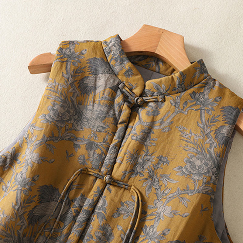 Nimara Ritual Crane Flowers Branches Frog-Button Pattern Cotton Women's Sleeveless Vest Waistcoat