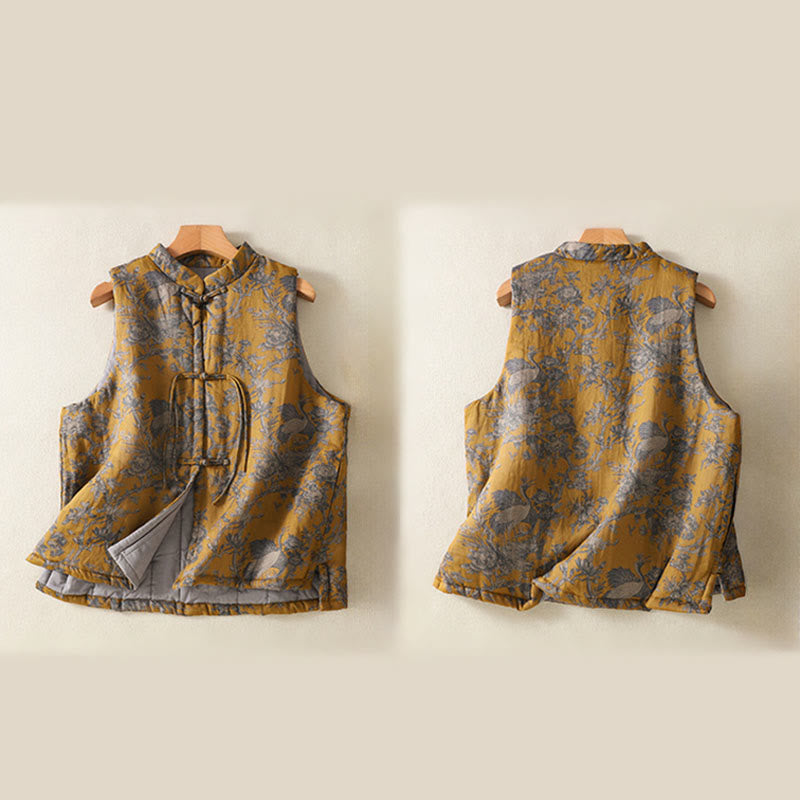 Nimara Ritual Crane Flowers Branches Frog-Button Pattern Cotton Women's Sleeveless Vest Waistcoat