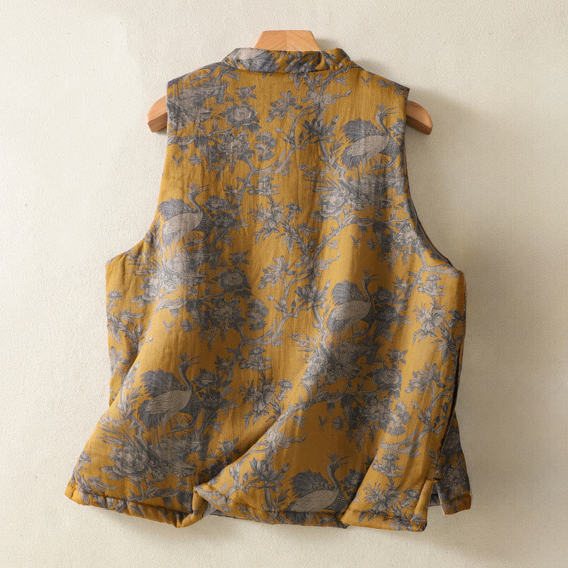 Nimara Ritual Crane Flowers Branches Frog-Button Pattern Cotton Women's Sleeveless Vest Waistcoat