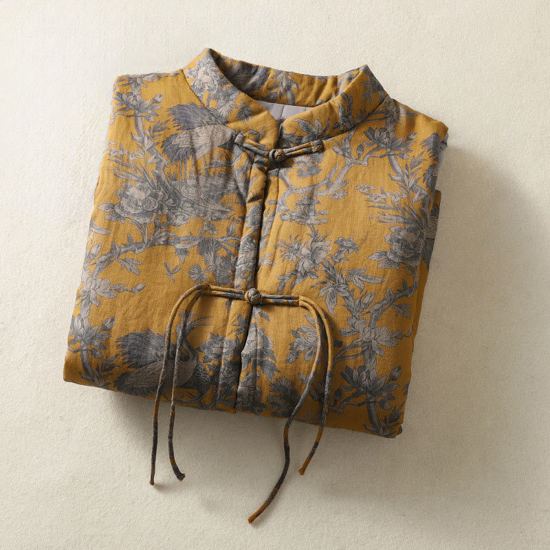Nimara Ritual Crane Flowers Branches Frog-Button Pattern Cotton Women's Sleeveless Vest Waistcoat