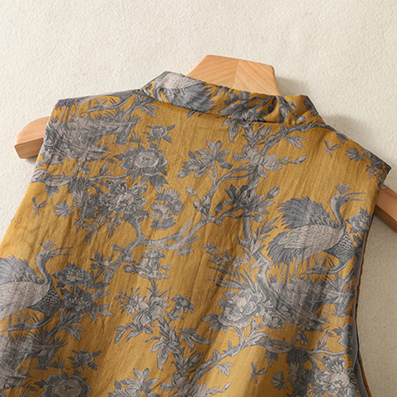 Nimara Ritual Crane Flowers Branches Frog-Button Pattern Cotton Women's Sleeveless Vest Waistcoat