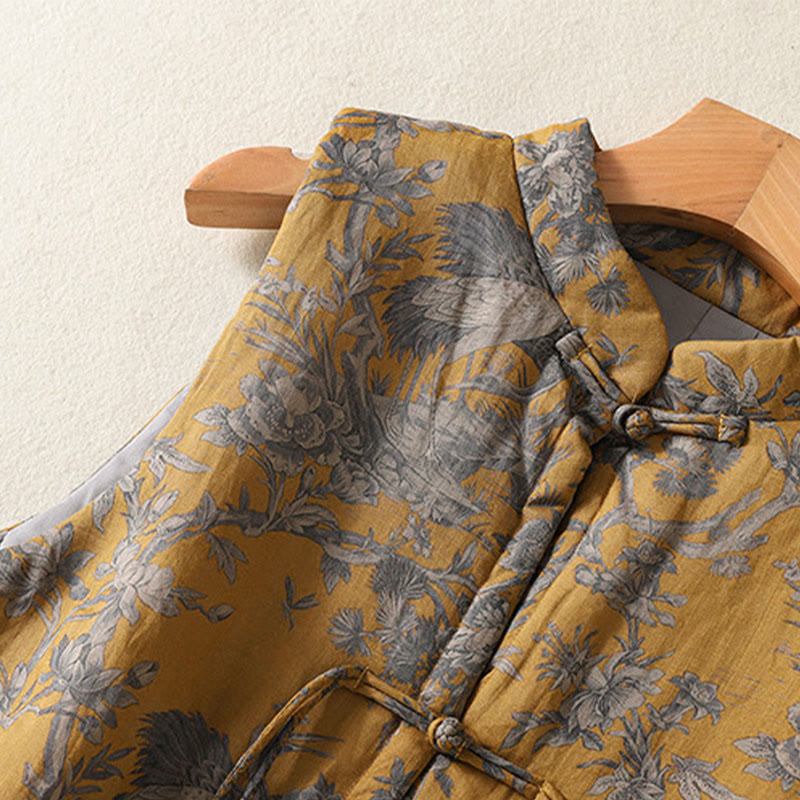 Nimara Ritual Crane Flowers Branches Frog-Button Pattern Cotton Women's Sleeveless Vest Waistcoat