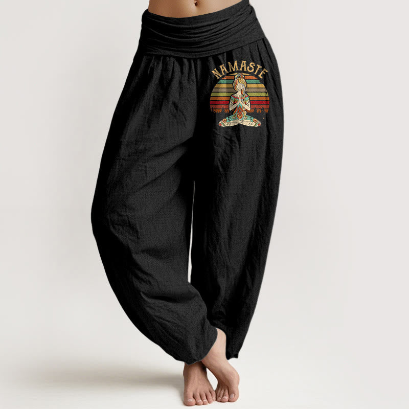 Nimara Ritual Colored Stripes Lotus Meditation Figure Pattern Namaste Women's Harem Pure Cotton Pants
