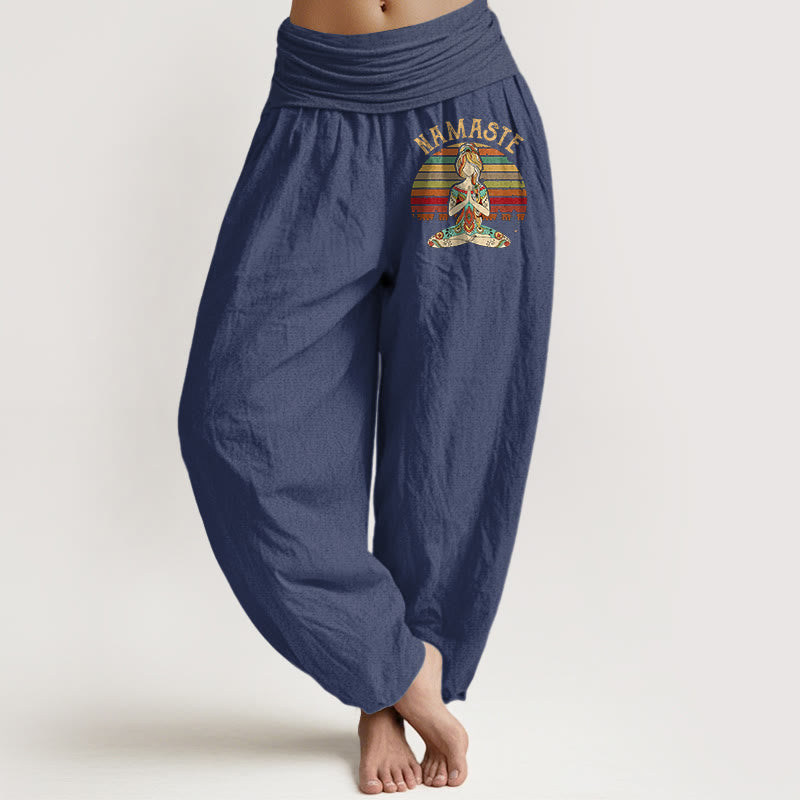 Nimara Ritual Colored Stripes Lotus Meditation Figure Pattern Namaste Women's Harem Pure Cotton Pants