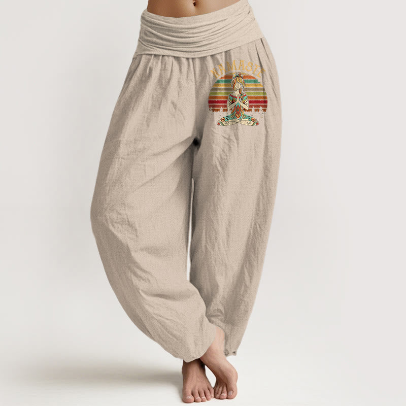 Nimara Ritual Colored Stripes Lotus Meditation Figure Pattern Namaste Women's Harem Pure Cotton Pants
