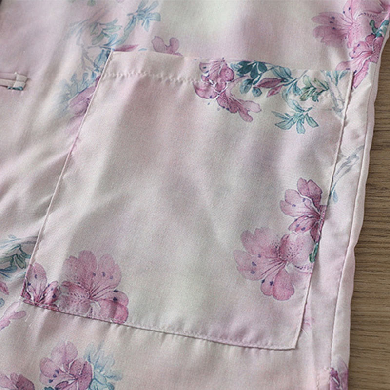 Nimara Ritual Fall Purple Floral Green Leaves Print Frog-Button Stand Collar Long Sleeve Women's Cotton Shirt