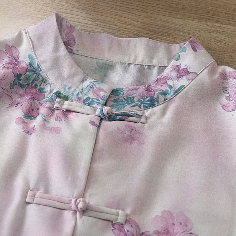 Nimara Ritual Fall Purple Floral Green Leaves Print Frog-Button Stand Collar Long Sleeve Women's Cotton Shirt