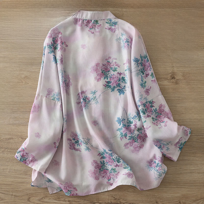 Nimara Ritual Fall Purple Floral Green Leaves Print Frog-Button Stand Collar Long Sleeve Women's Cotton Shirt